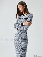 Contrast Trim Herringbone Trendy Bodycon Sweater Midi Dress Sweaters L