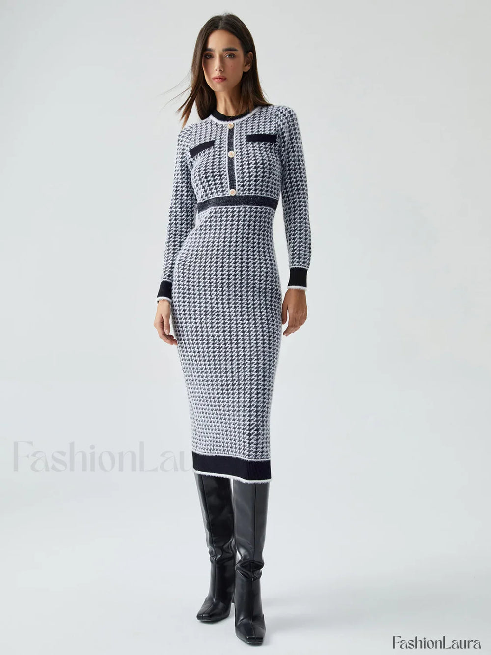 Contrast Trim Herringbone Trendy Bodycon Sweater Midi Dress Sweaters L