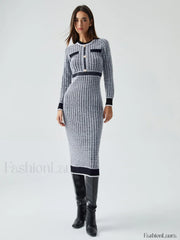 Contrast Trim Herringbone Trendy Bodycon Sweater Midi Dress Sweaters L