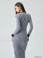 Contrast Trim Herringbone Trendy Bodycon Sweater Midi Dress Sweaters L