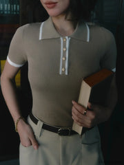 Contrast Trim Metal Trendy Button Knit Top Khaki / XS Sweaters L