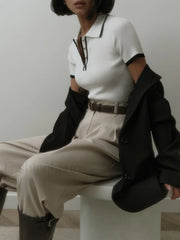 Contrast Trim Metal Trendy Button Knit Top Sweaters L