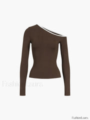 Contrast Trim Off Trendy Shoulder Long Sleeve Shirt Brown / XS T Shirts