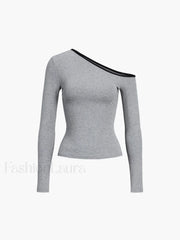 Contrast Trim Off Trendy Shoulder Long Sleeve Shirt Grey / XS T Shirts