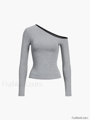Contrast Trim Off Trendy Shoulder Long Sleeve Shirt Grey / XS T Shirts