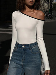 Contrast Trim Off Trendy Shoulder Long Sleeve Shirt White / XS T Shirts