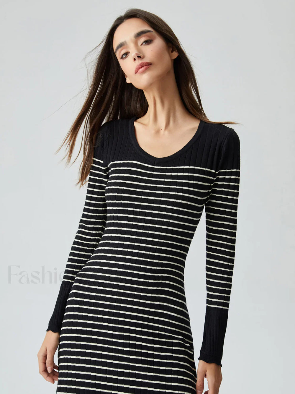 Contrast Trim Striped Crew Modern Neck Knit Sweater Dress Black / S Sweaters L