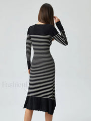 Contrast Trim Striped Crew Modern Neck Knit Sweater Dress Sweaters L