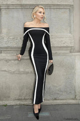 Contrasting Color Waist Wrapped One Shoulder Flared Maxi Dress