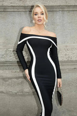 Contrasting Color Waist Wrapped One Shoulder Flared Maxi Dress