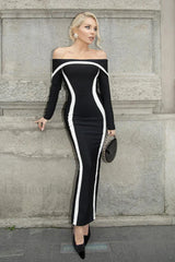 Contrasting Color Waist Wrapped One Shoulder Flared Maxi Dress