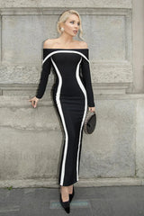 Contrasting Color Waist Wrapped One Shoulder Flared Maxi Dress