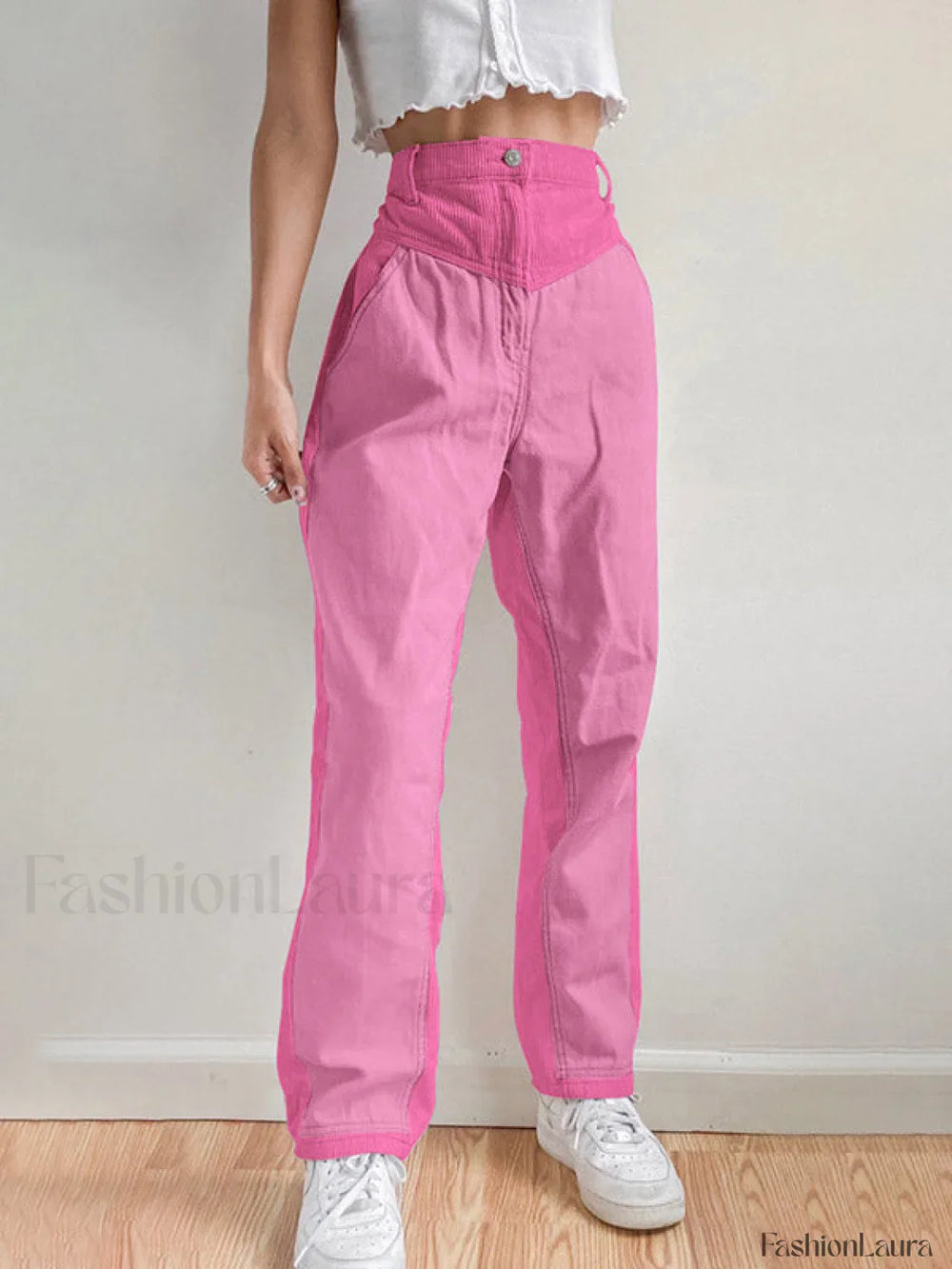 Corduroy Patchwork High Waist Straight Pants Beetroot Purple / S Straight Leg Pants