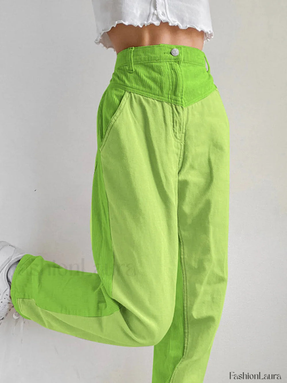Corduroy Patchwork High Waist Straight Pants Green / S Straight Leg Pants