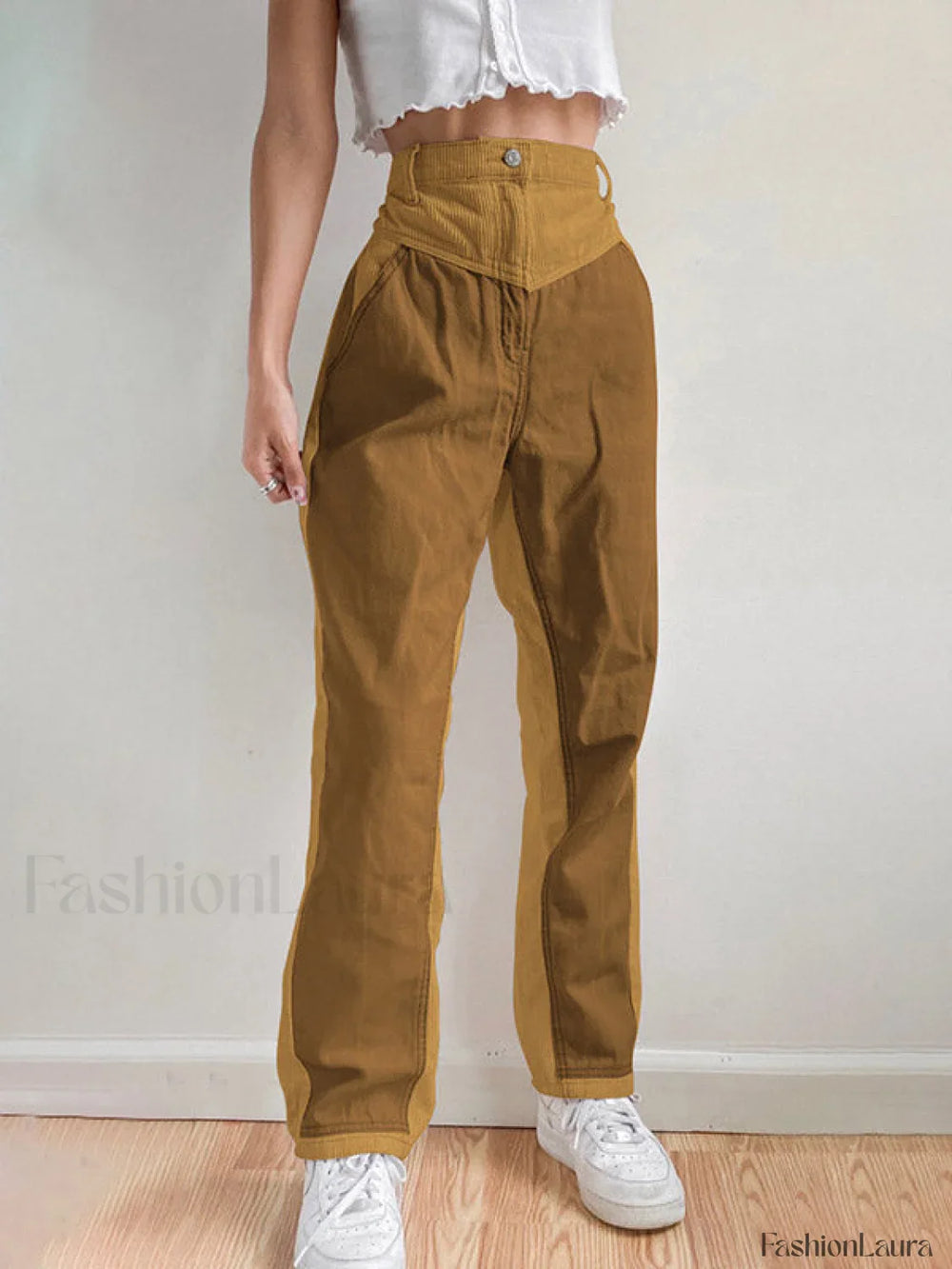 Corduroy Patchwork High Waist Straight Pants Straight Leg Pants