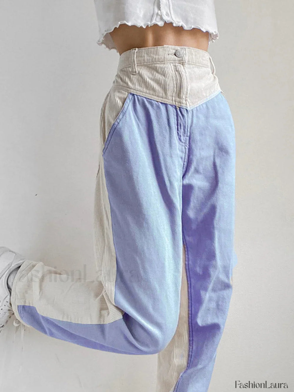 Corduroy Patchwork High Waist Straight Pants Pure Blue / S Straight Leg Pants