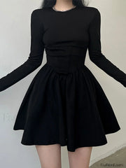 Corset Detail Black Long Sleeve Mini Dress Mini Dresses