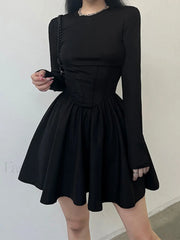Corset Detail Black Long Sleeve Mini Dress Mini Dresses