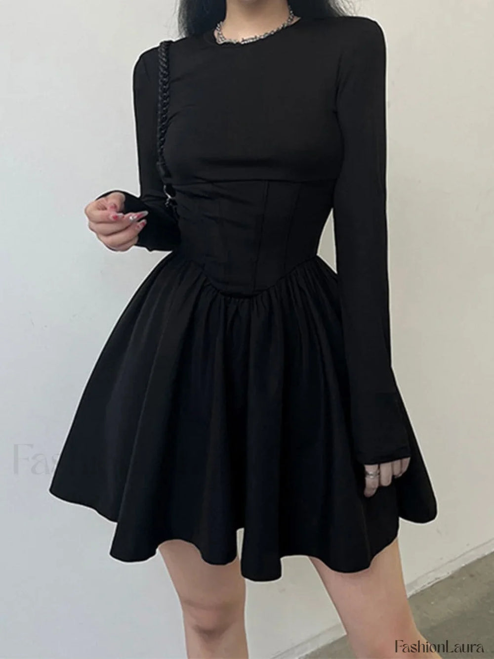 Corset Detail Black Long Sleeve Mini Dress Mini Dresses