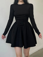 Corset Detail Black Long Sleeve Mini Dress Black / S Mini Dresses