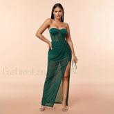 Corset Slit Folds Maxi Dress Green / XS