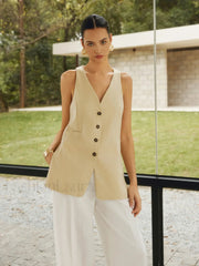 Cotton Blends Graceful Button Split Vest Vests