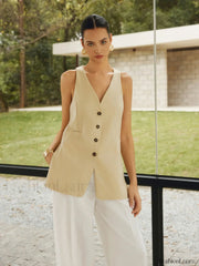 Cotton Blends Graceful Button Split Vest Vests