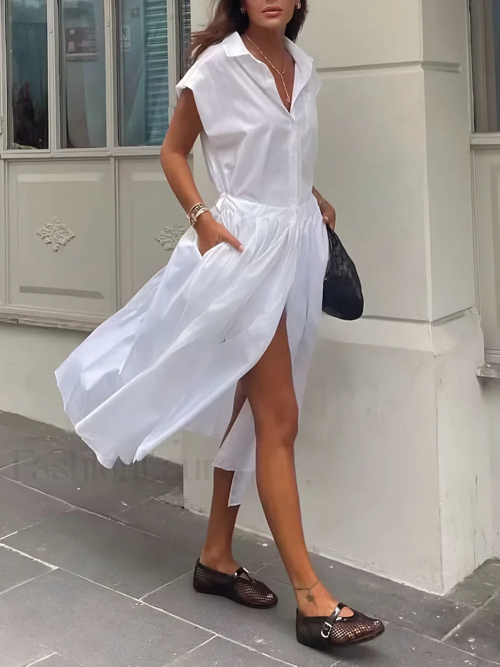 Cotton Blends Sleeveless Trendy Split Midi Dress Dresses