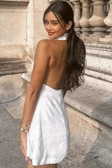 Cotton Linen Backless Sexy Neckline Mini Dress