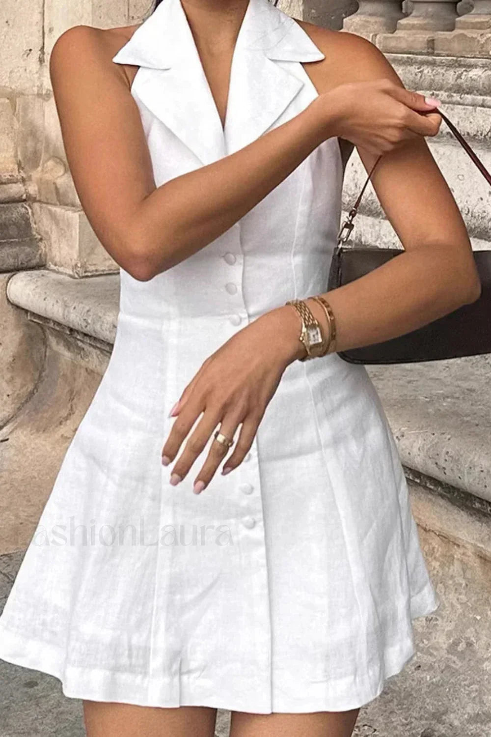 Cotton Linen Backless Sexy Neckline Mini Dress