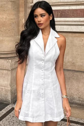 Cotton Linen Backless Sexy Neckline Mini Dress White / S