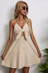 Cotton Linen Bow Strap Casual Strappy Mini Dress