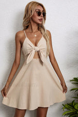 Cotton Linen Bow Strap Casual Strappy Mini Dress