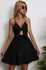 Cotton Linen Bow Strap Casual Strappy Mini Dress