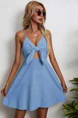 Cotton Linen Bow Strap Casual Strappy Mini Dress