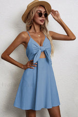 Cotton Linen Bow Strap Casual Strappy Mini Dress