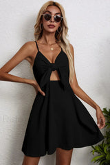 Cotton Linen Bow Strap Casual Strappy Mini Dress Black / S