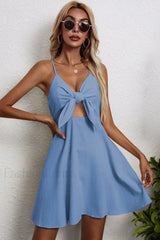 Cotton Linen Bow Strap Casual Strappy Mini Dress Light blue / S