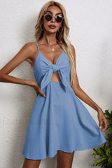 Cotton Linen Bow Strap Casual Strappy Mini Dress Light blue / S