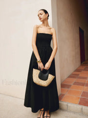 Cotton & Linen Trendy Pleat Strapless Long Dress Dresses