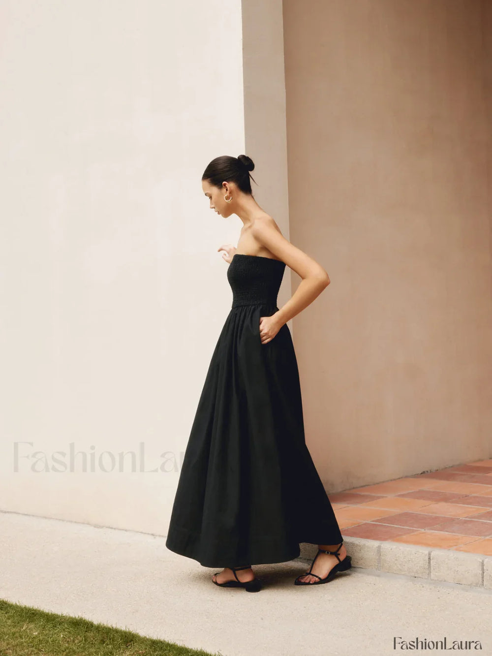 Cotton & Linen Trendy Pleat Strapless Long Dress Dresses