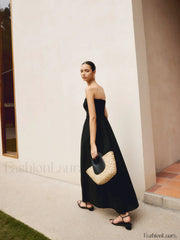 Cotton & Linen Trendy Pleat Strapless Long Dress Dresses