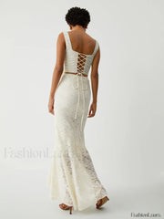 Cream Floral Lace Tie Modern Back Crop Corset Top Tank Tops & Camis