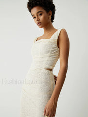 Cream Floral Lace Tie Modern Back Crop Corset Top Tank Tops & Camis