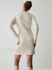 Cream Rib Long Trendy Sleeve Short Sweater Dress Sweaters L
