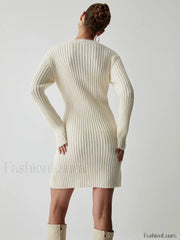 Cream Rib Long Trendy Sleeve Short Sweater Dress Sweaters L