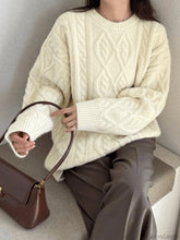 Crew Neck Cable Knit Pullover Sweater Beige / ONE SIZE Sweaters