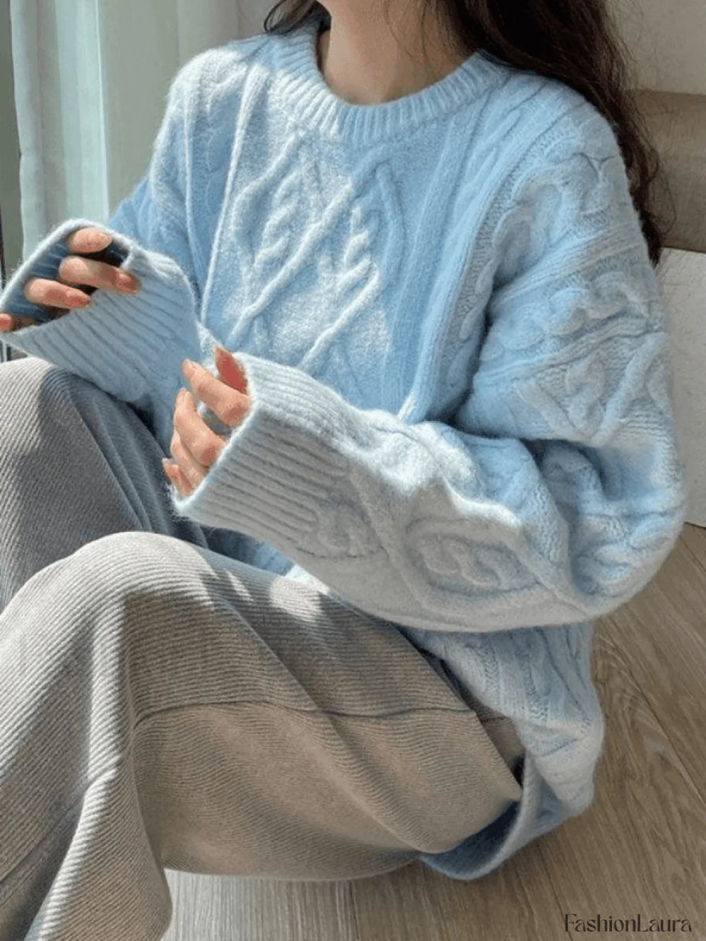 Crew Neck Cable Knit Pullover Sweater Sweaters