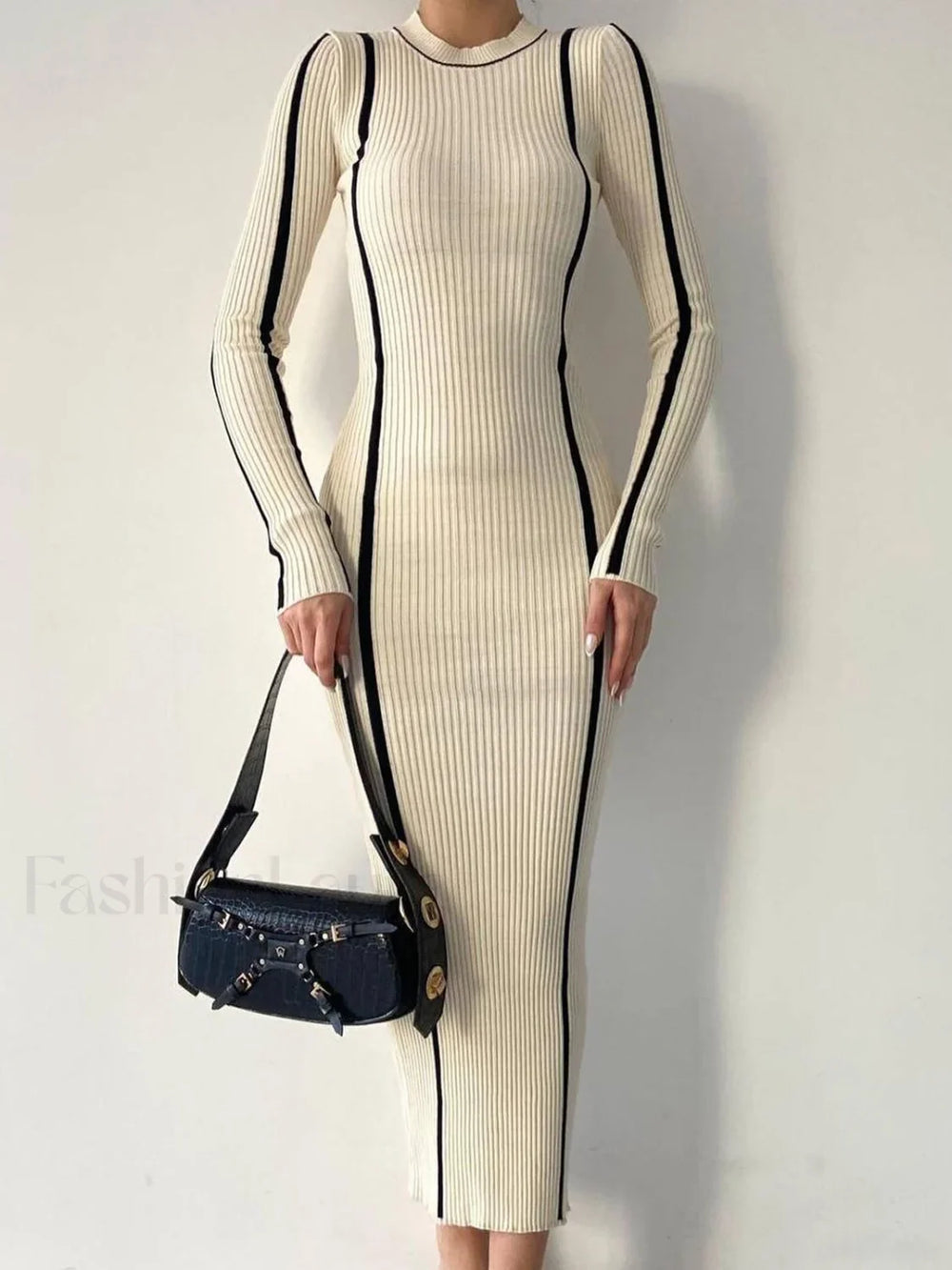 Crew Neck Contrast Trim Modern Long Sleeve Knit Midi Dress Sweaters L