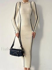 Crew Neck Contrast Trim Modern Long Sleeve Knit Midi Dress Sweaters L